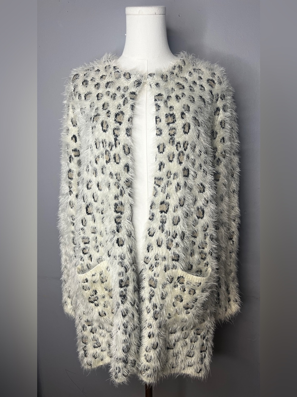 Selfie Couture Faux Fur Leopard-Print Open Front Coatigan Size XS/S